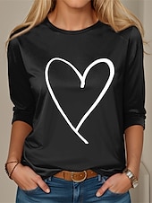 billige Plain t-skjorte-Valentine Kvinners Hjerte T-skjorte Sød Rød Tee Vanlige Topper Langermet Rund hals Trykk Vanlig Passform Valentines Weekend Svart Rosa Rød Vår  Høst