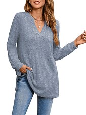preiswerte Damen Einfache Oberteile-Damen Hemd Bluse Mode Tasche Langarm Lange Tops V-Ausschnitt Casual Schwarz Rosa Armeegrün Rot Staubblau Frühling&amp;amp;  fallen