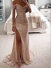 voordelige Schoolfeestjurken-Strand Bruiloft Zeemeermin Prom Jurken Sequin Jurk Formeel Avondfeest Sweep  Borst Train Mouwloos Cowl Hals met Ruches Split Maskerade Jurk 2025