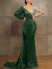 preiswerte GELB-Mermaid Pailletten Abendkleid Elegantes Kleid Formal Hof Zug Langarm Illusionskragen mit Falten Maskeradenkleid