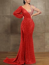 preiswerte GELB-Mermaid Pailletten Abendkleid Elegantes Kleid Formal Hof Zug Langarm Illusionskragen mit Falten Maskeradenkleid