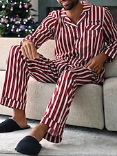 cheap Men&#039;s Pajamas-Men&#039;s Loungewear Sleepwear Pajama Set Pajama Top and Pant 2 Pieces Stripe Stylish Casual Comfort Home Daily Bed Cotton Blend Comfort Soft Lapel Long Sleeve Shirt Pant Drawstring Elastic Waist Spring