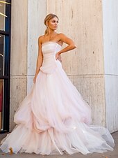 baratos Rosa-Vestido de Gala A-Line Elegante Vestido Formal Cauda de Corte Sem Mangas Sem Alças Tule com Pregas Pregas 2025