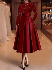 economico Abiti da cocktail-Abiti da cocktail A-line in paillettes elegante abito invitata a matrimonio lunghezza tè maniche lunghe scollo a gioiello in raso con pieghe abiti Derby 2025