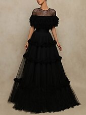 cheap Prom Dresses-A-Line Prom Dresses Elegant Dress Formal Floor Length Short Sleeve Jewel Neck Tulle with Pleats Ruffles 2025