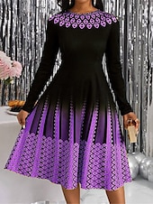 cheap Art&amp;Design Dress-Women&#039;s Midi Dress A Line Dress Casual Dress Winter Dress Swing Dress Streetwear Modest Formal Vacation Party Regular Fit Geometric Color Block Long Sleeve Crew Neck Yellow Pink Blue Purple
