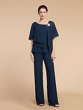 cheap Mom&#039;s Pant Suits-Two Piece Jumpsuit / Pantsuit Mother of the Bride  Formal Wedding Guest Church Elegant Plus Size Bateau Neck Floor Length Chiffon Sleeveless with Beading Cascading Ruffles Crystal Brooch