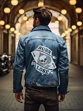 cheap Men&#039;s Graphic Jackets &amp; Coats-Men&#039;s Letter Poker Skulls Coat Jean Jacket Denim Jacket Breathable Comfortable Casual Sports &amp; Outdoor Going out Weekend Buttons Print Fall &amp; Winter Turndown Long Sleeve Black Blue