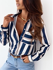preiswerte Damen Grafik Tops-Damen Hemd Bluse Mode gestreift Knöpfe Tasche Druck Langarm normale Oberteile Hemdkragen Arbeit rot königsblau blau fuchsia braun Frühling&amp;amp;  fallen