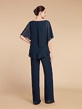 cheap Mom&#039;s Pant Suits-Two Piece Jumpsuit / Pantsuit Mother of the Bride  Formal Wedding Guest Church Elegant Plus Size Bateau Neck Floor Length Chiffon Sleeveless with Beading Cascading Ruffles Crystal Brooch