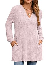 preiswerte Damen Einfache Oberteile-Damen Hemd Bluse Mode Tasche Langarm Lange Tops V-Ausschnitt Casual Schwarz Rosa Armeegrün Rot Staubblau Frühling&amp;amp;  fallen