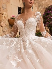 cheap Formal Wedding Dresses-Beach Wedding Formal Wedding Dresses A-Line V Neck Long Sleeve Court Train Tulle Bridal Gowns With Pleats Appliques