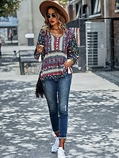 billige Boho topper-Dame Skjorte Boho skjorte Blondeskjorte Bluse Blomstret Mote Langermet V-hals Vanlige topper Avslappet Ferie Blondér Trykt mønster Rød Navyblå Blå Lilla Grønn Vår &amp; Vinter