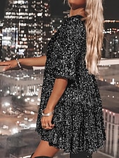 levne Květinové šaty-dámské černé šaty flitrové šaty společenské šaty flitry třpytivé posádky výstřih minišaty do poloviny rukávu svatební host stříbro růžové zlato jaro podzim