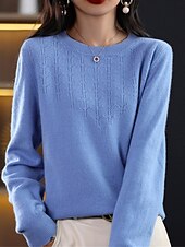 billiga Solida färger-Dam Pullover tröja Mode Streetwear Ledigt Ensfärgat Ribbad Rund hals Stickat Långärmad Vanliga toppar Sticka Utomhus Hem Dagligen Körsbärsröd Räkor Rosa Höst Vinter