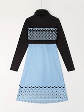 billige Genser og hettegenser-kvinners fritidskjole midikjole blå rosa grå langermet geometrisk trykk print vinter høst turtleneck basic casual høstkjole 2023 s m l xl xxl 3xl 4xl 5xl