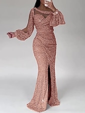 preiswerte GRAU-Meerjungfrau Paillettiertes Abendkleid Partykleid formelles Sweep-/Pinselzug lange Ärmel Scoop-Ausschnitt mit Glitzer Raffung Schlitz Maskerade-Kleid 2025