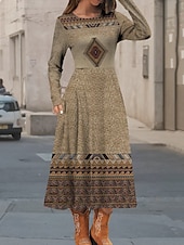 abordables Robe Boho-Femmes Robe Midi Robe Décontractée Robe d&#039;Hiver Robe Ethnique Robe évasée ancien Ethnique Tribal Formel Extérieur Vacances Coupe régulière Fleuri Géométrique Bloc de Couleur manche longue Col ras du