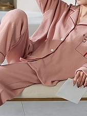 billiga Sovkläder till damer-kvinnors pyjamasset brev avslappnad komfort hem daglig säng bomull andas lapel långärmad skjorta byxknappficka höst vinter hemkläder