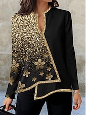 economico Top Floreali-Blusa da Donna Moda Stampa Floreale Orlo Asimmetrico Manica Lunga Regular Collo a V Casual Vacanza Nera Argento Rosa Blu Verde Autunno e Inverno