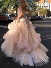 baratos Rosa-Vestido de Gala A-Line Elegante Vestido Formal Cauda de Corte Sem Mangas Sem Alças Tule com Pregas Pregas 2025