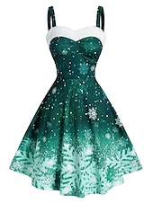 preiswerte Weihnachtskleider-Damen Polyester Winterkleid Unterkleid Schneeflockendruck Träger Midikleid Party Date Ärmellos Herbst Winter