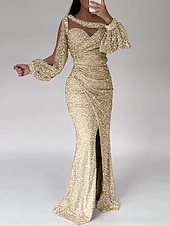 preiswerte GRAU-Meerjungfrau Paillettiertes Abendkleid Partykleid formelles Sweep-/Pinselzug lange Ärmel Scoop-Ausschnitt mit Glitzer Raffung Schlitz Maskerade-Kleid 2025