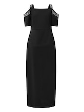 preiswerte schwarzes Maxikleid-Damen schwarzes kleid abendkleider Schwarzes Cocktailkleid Gespaltener Oberschenkel Schulterfrei Kurzarm Maxidress Formal Elegant Glanz Ausgefallene Schwarz Wein Sommer Frühling