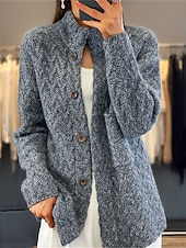 ieftine Cardigane și îmbrăcăminte exterioară-Pentru femei Bluza Epocă Modă Casual Culoare solidă Cablu Guler de stand Nasturi Tricotat Manșon Lung Topuri obișnuite Tricotat În aer liber Zilnic Ieșire Albastru piscină Cămilă Toamnă Iarnă