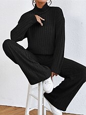 billiga Loungewear till damer-dam loungewear set ren färg ledig komfort mjuk hemgata dagligen polyester andas hög hals långärmad tröja byxa höst vinter hem outfits