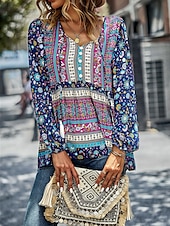 billige Boho topper-Dame Skjorte Boho skjorte Blondeskjorte Bluse Blomstret Mote Langermet V-hals Vanlige topper Avslappet Ferie Blondér Trykt mønster Rød Navyblå Blå Lilla Grønn Vår &amp; Vinter