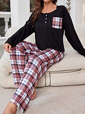 billiga Sovkläder till damer-pyjamasset för kvinnor rutnät / pläd avslappnad komfort hemsäng som andas med rund hals långärmad t-shirt t-shirt byxknappficka höst vinter hemkläder