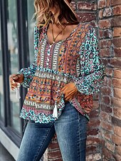 billige Boho topper-Dame Skjorte Boho skjorte Blondeskjorte Bluse Blomstret Mote Langermet V-hals Vanlige topper Avslappet Ferie Blondér Trykt mønster Rød Navyblå Blå Lilla Grønn Vår &amp; Vinter