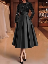 economico Abiti da cocktail-Abiti da cocktail A-line in paillettes elegante abito invitata a matrimonio lunghezza tè maniche lunghe scollo a gioiello in raso con pieghe abiti Derby 2025