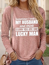 abordables T-shirt Humor &amp; Citations-Femme T shirt Lettre Famille Mode manche longue Col Rond Hauts réguliers du quotidien Fin de semaine Imprimer Noir Rose Claire Bleu Vert Kaki Printemps &amp; Automne Printemps, Août, Hiver, Eté