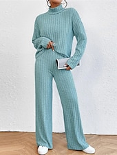 billiga Loungewear till damer-dam loungewear set ren färg ledig komfort mjuk hemgata dagligen polyester andas hög hals långärmad tröja byxa höst vinter hem outfits