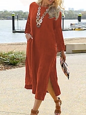 preiswerte Kleider für die Arbeit-Damen Schwarz Orange Rosenrot Herbst Winter Maxikleid Freizeitkleid Baumwoll-Sommerkleid Mode Klassicher Stil Lässig Outdoor Urlaub Täglich Lässiger Schnitt Einfach Rundhalsausschnitt