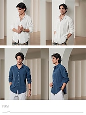 billiga lyxiga linneskjortor-10% linne Button-Down Herr Skjorta linneskjorta Vit Rodnande Rosa Marinblå Långärmad Ensfärgat Krage Vår &amp; sommar Ledigt Dagligen Kläder