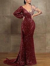 preiswerte GELB-Mermaid Pailletten Abendkleid Elegantes Kleid Formal Hof Zug Langarm Illusionskragen mit Falten Maskeradenkleid