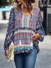 billige Boho topper-Dame Skjorte Boho skjorte Blondeskjorte Bluse Blomstret Mote Langermet V-hals Vanlige topper Avslappet Ferie Blondér Trykt mønster Rød Navyblå Blå Lilla Grønn Vår &amp; Vinter