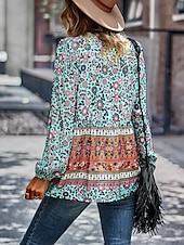 billige Boho topper-Dame Skjorte Boho skjorte Blondeskjorte Bluse Blomstret Mote Langermet V-hals Vanlige topper Avslappet Ferie Blondér Trykt mønster Rød Navyblå Blå Lilla Grønn Vår &amp; Vinter