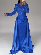 cheap CHAMPAGNE-Mermaid Sequin Evening Gown Ruched Champagne Satin Dress Long Sleeves Masquerade Floor Length Illusion Neck with Pearls Overskirt dress 2025