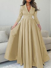 economico Formale / Cravatta nera-Abito di Seta A-Line Abito di Natale Abito da Sera Abito Elegante Formale Abito Rosso Lunghezza fino al Pavimento Manica 3/4 Collo a V con Pieghe abito per impressionare