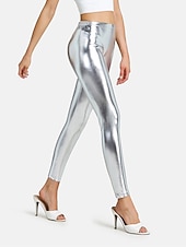 baratos calças femininas de festa-Mulheres Leggings Moda Sensual Comprimento total Cintura Média Tecido Cintura elástica Metálico Brilhante Respirabilidade Macio Confortável Micro-Elástica Bandagem Festa Rua Prata Rosa claro Dourado