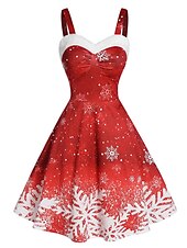 preiswerte Weihnachtskleider-Damen Polyester Winterkleid Unterkleid Schneeflockendruck Träger Midikleid Party Date Ärmellos Herbst Winter