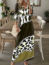 levne Umění a design šaty-Dámské maxi šaty casual šaty zimní šaty tričkové šaty tee šaty leopardí barevný blok kapsový tištěné V výstřih dlouhé šaty maxi šaty městské schůzky prázdninové dlouhý rukáv podzim zima