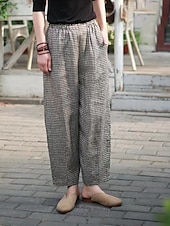 cheap Wide Leg &amp; High Waisted-Women&#039;s Wide Leg Pants Trousers Linen Cotton Blend Plaid High Waist Full Length Black Fall