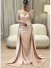 cheap CHAMPAGNE-Mermaid Sequin Evening Gown Ruched Champagne Satin Dress Long Sleeves Masquerade Floor Length Illusion Neck with Pearls Overskirt dress 2025