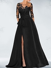 preiswerte SCHWARZ-A-Linie Abendkleid Schwarzes Kleid Kleid Hochzeitsgast Herbst Gericht Zug 3/4 Länge Ärmel Juwel-Ausschnitt Satin mit Perlen Schlitzapplikationen 2025
