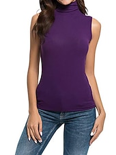 abordables Débardeurs et camisoles femme-Débardeur féminin à bretelles cami uni mode sans manches col haut régulier décontracté noir blanc jaune violet fuchsia printemps et été